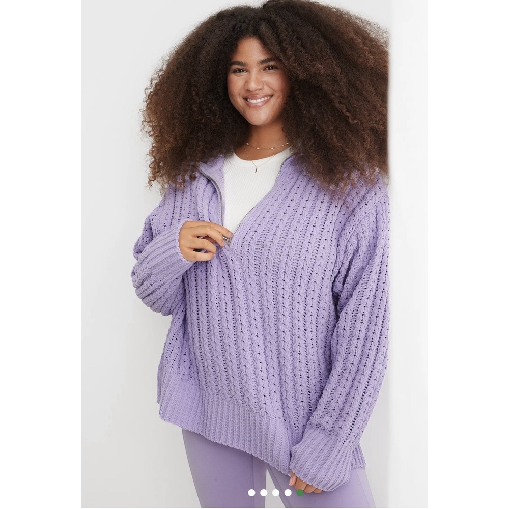 Aerie‎ Cable Car Sweater Size Medium Chunky Knit Quarter Zip Lavender Oversized